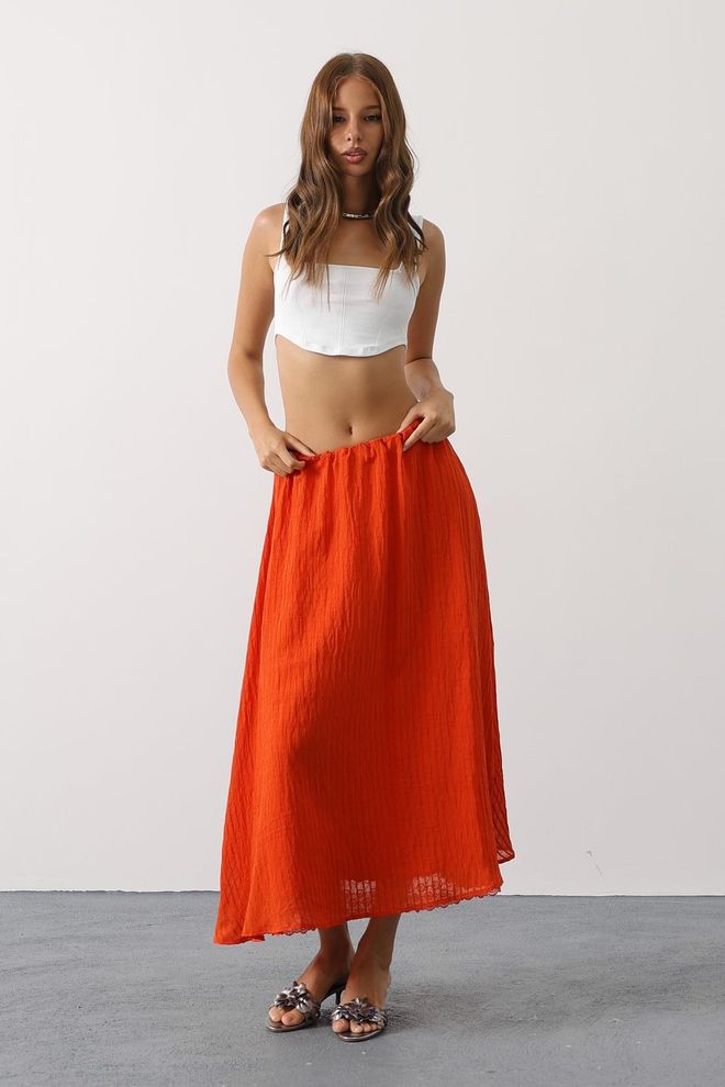 Reyon Orange Ausgestellter Maxi Rock Mit Mittlerer Taille Großhandelskleidung Lässig