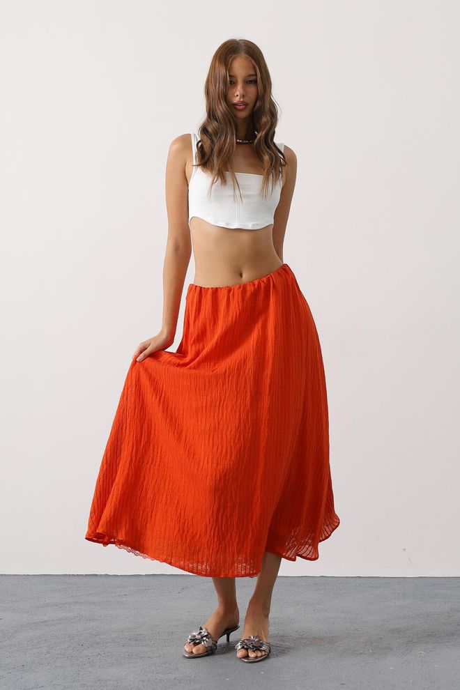 Reyon Orange Flared Maxi Skirt With Mid Waist Wholesale Clothing 1