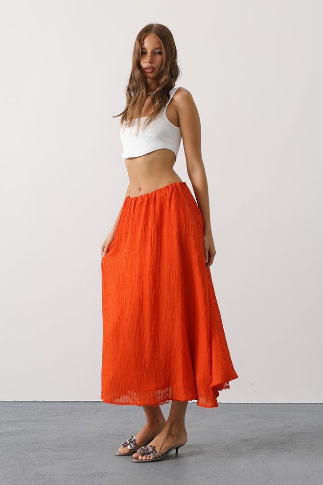 Reyon Orange Flared Maxi Skirt With Mid Waist Wholesale Clothing Lounge