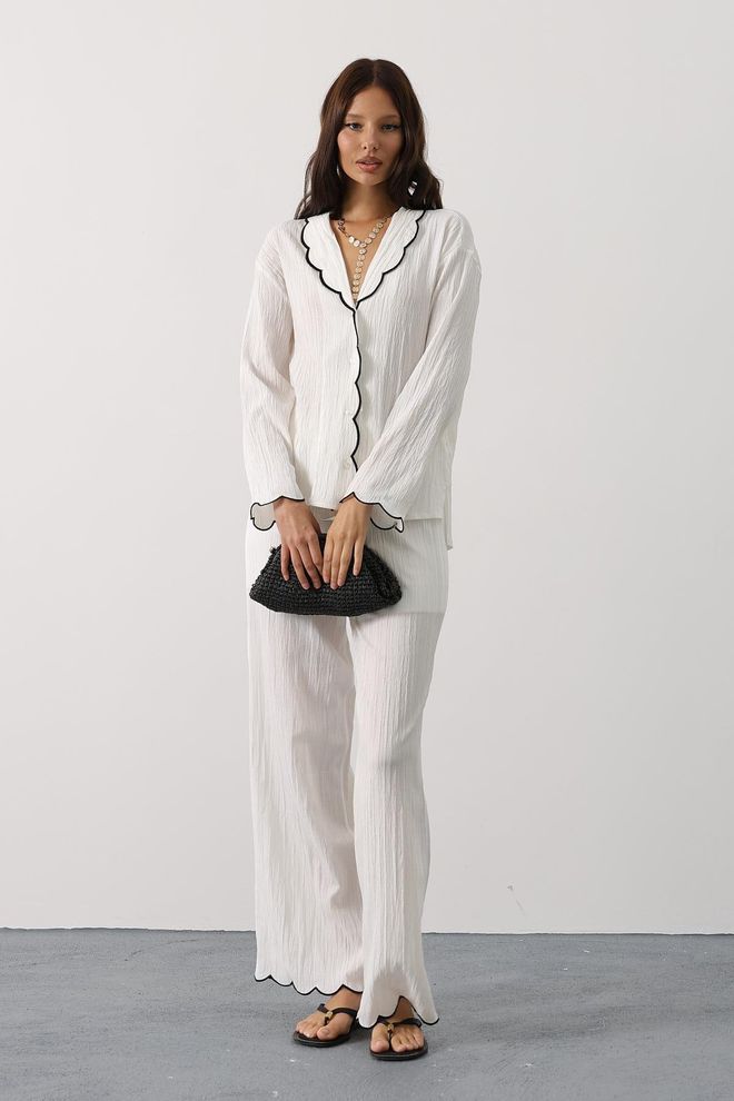 Reyon Set Bianco Elegante Casual Con Pantaloni Palazzo Abbigliamento all'ingrosso Modesto