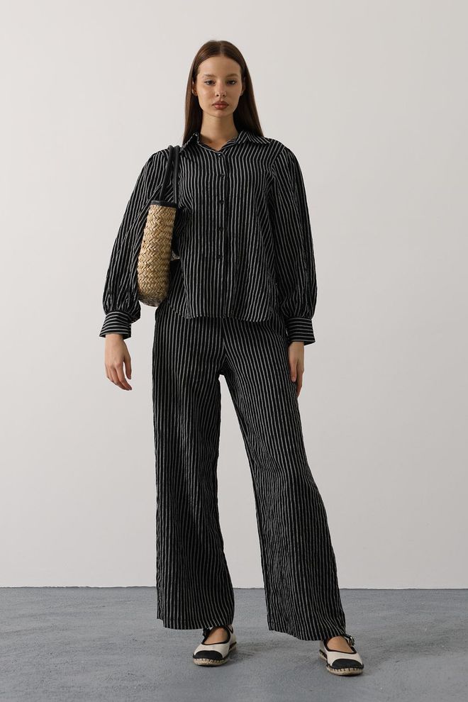Reyon Set Pantaloni Palazzo A Righe Neri Abbigliamento all'ingrosso Casuale