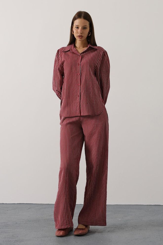 Reyon Claret Red Striped Casual Formal Set Wholesale Clothing Casual