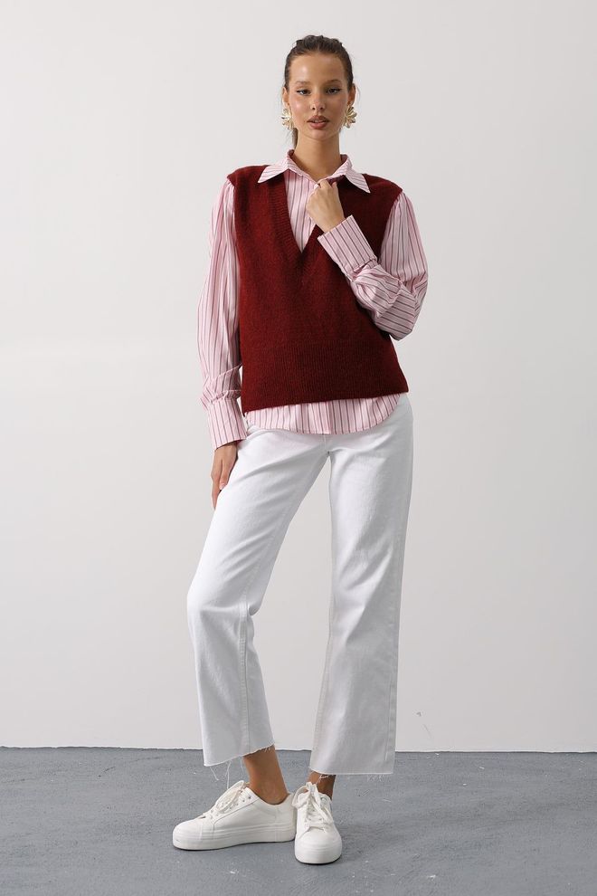Reyon Roze Casual Preppy Elegante Gestreepte Geknoopte Shirt Met Polokraag Groothandel Kleding Casual