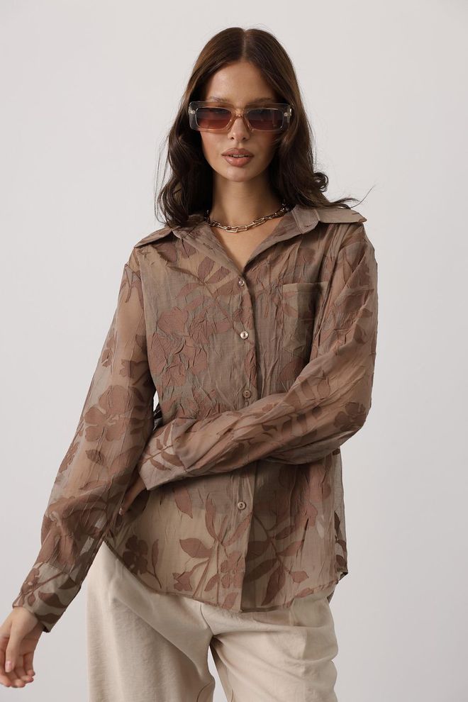 Reyon Bruine Bloemen Shirt Met Knopen En Lange Mouwen Groothandel Kleding Casual