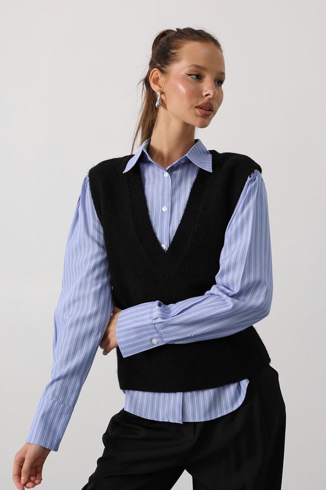 Reyon Blauw Gestreept Shirt Met Polokraag Groothandel Kleding Casual