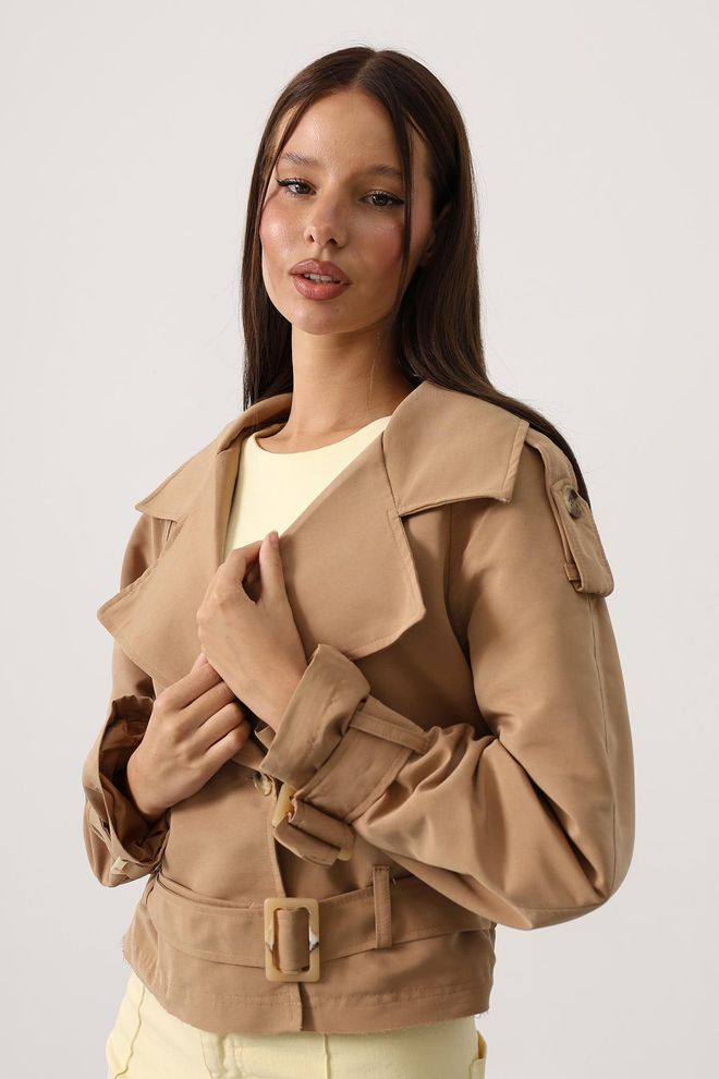 Reyon Beige Trenchcoat With Flap Pockets And Notched Collar Wholesale Clothing Casual