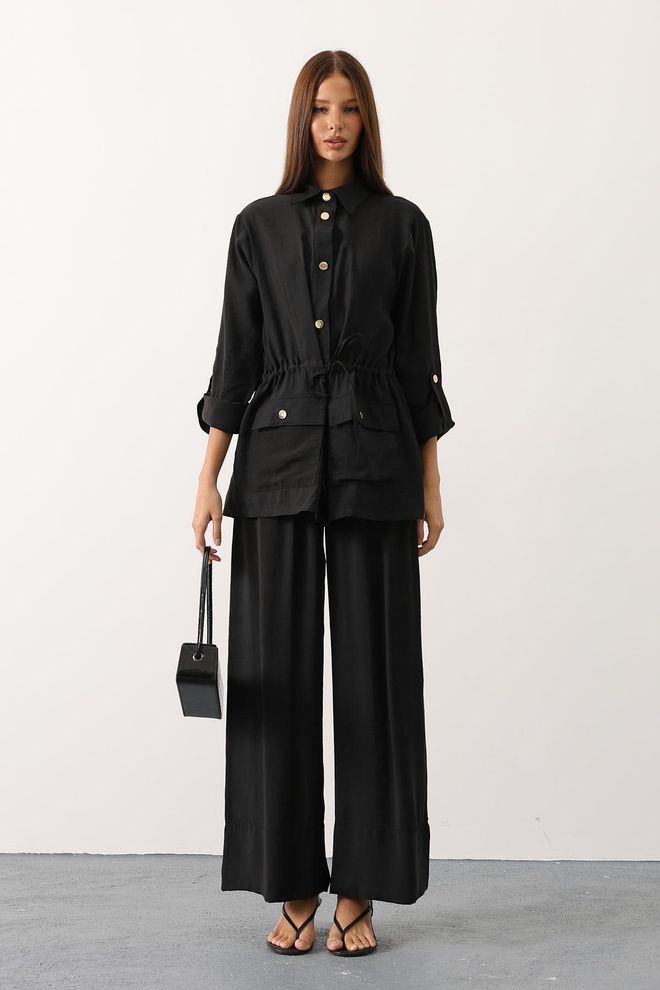 Reyon Elegant Zwart Set Met Wijde Pijpen Palazzo Broek Groothandel Kleding Bescheiden