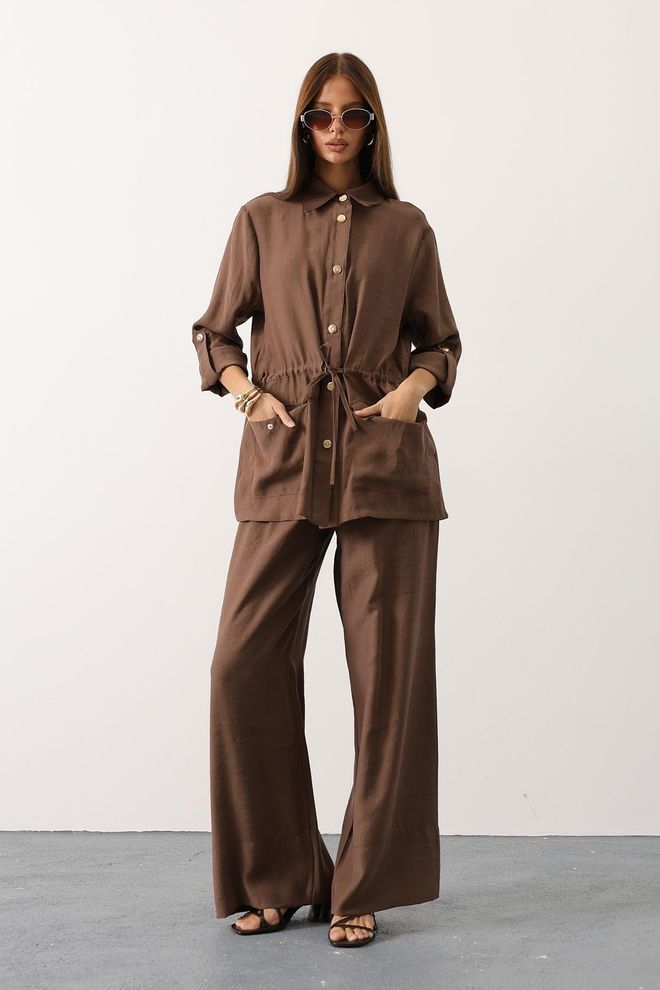 Reyon Bruin Casual Elegant Palazzo Set Groothandel Kleding Bescheiden