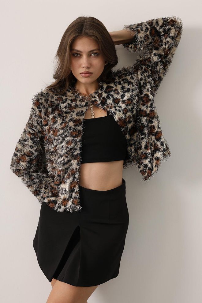 Reyon Rjava Seksi Priložnostna Vintage Jakna Z Živalskim Tiskom Oblačila na debelo 1