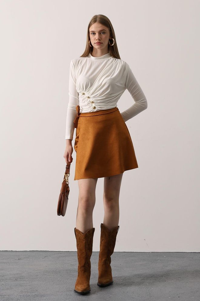Reyon Brown Wrap Mini Skirt With Tie Closure Wholesale Clothing Casual