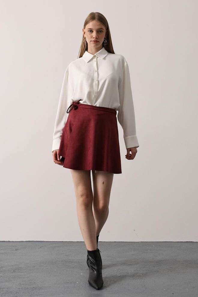 Reyon Bordeauxrood Wrap Mini Rok Met Striksluiting En Mid Taille Groothandel Kleding Casual