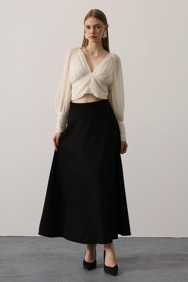 Reyon Zwarte Elegante Uitlopende Maxi Rok Met Hoge Taille Groothandel Kleding Vintage