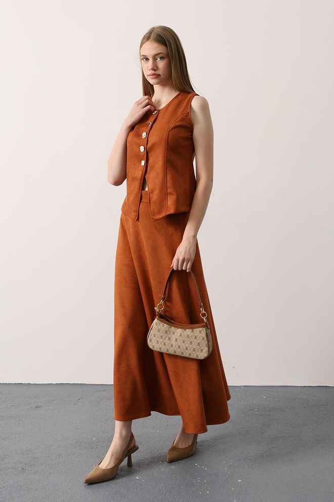 Reyon Bruin Elegante Uitlopende Maxi Rok Met Mid Waist Groothandel Kleding Vintage