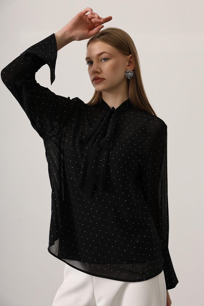 Reyon Elegante Zwarte Polka Dot Blouse Groothandel Kleding Vintage