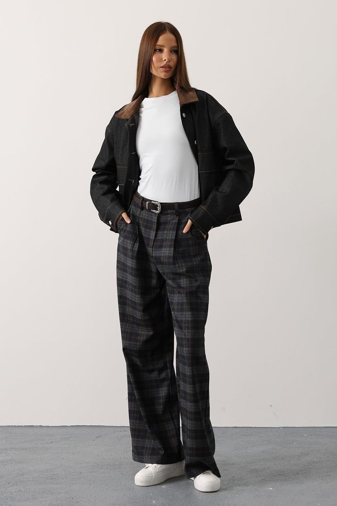 Reyon Pantaloni Con Cintura Con Motivo Scozzese Navy Abbigliamento all'ingrosso 3