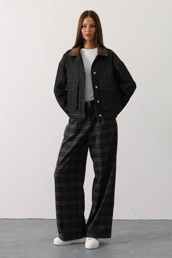 Reyon Pantaloni Con Cintura Con Motivo Scozzese Navy Abbigliamento all'ingrosso 1
