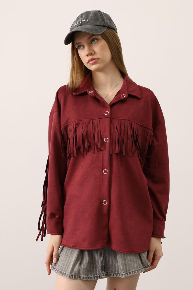 Reyon Bordeauxrood Shirt Met Oversized Pasvorm En Drukknopsluiting Groothandel Kleding Casual