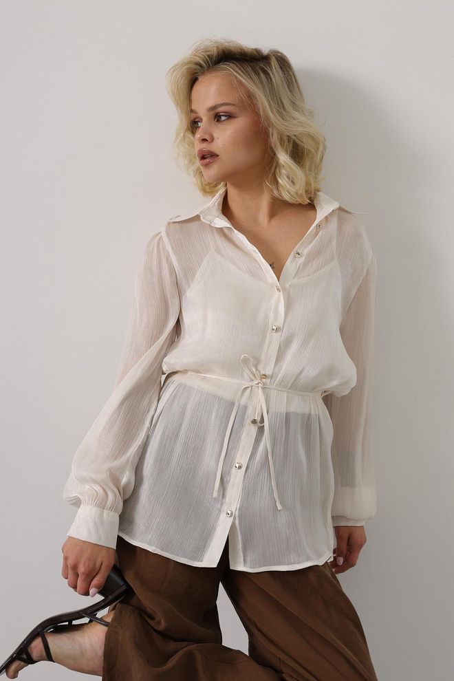 Reyon Chemise Beige Élégante Avec Col Châle Vêtements en gros Décontracté