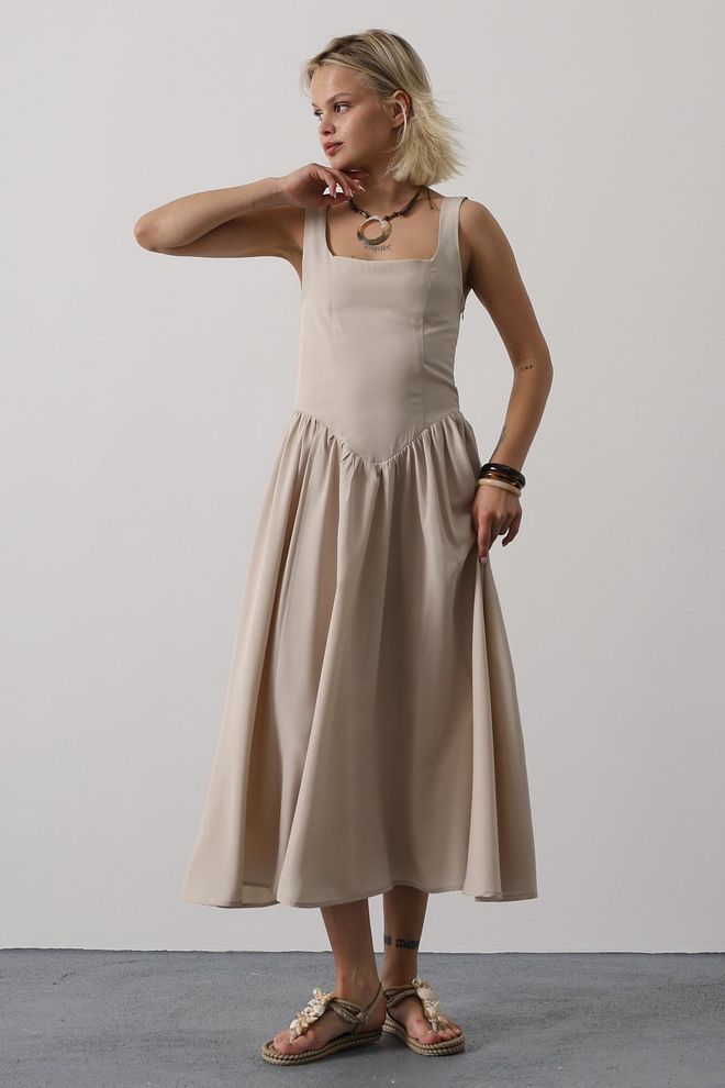 Reyon Beige Fit And Flare Mouwloze Midi jurk Met Kapmouwen Groothandel Kleding Casual