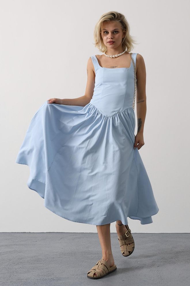 Reyon Vestido Azul Fit And Flare Con Escote Cuadrado Ropa al por mayor Casual