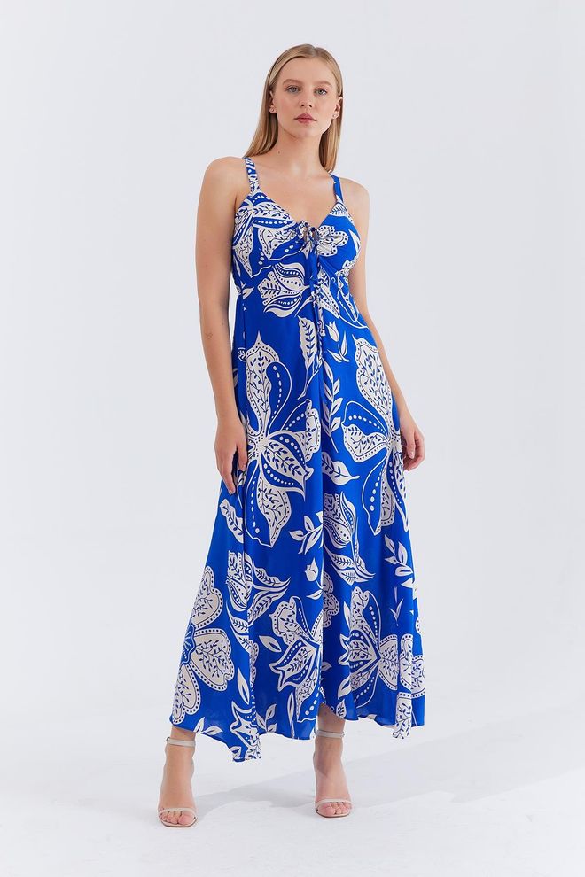 Reyon Vestito Blu Floreale Senza Maniche Lungo Fino Al Pavimento Slip Abbigliamento all'ingrosso Casuale
