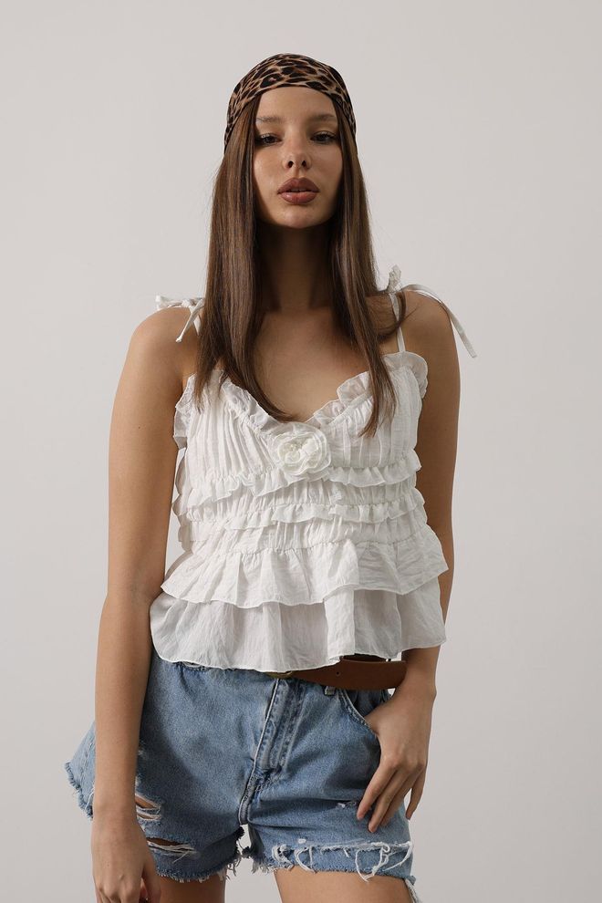 Reyon Camicetta Bianca Boho Senza Maniche Con Collo A Cuore Abbigliamento all'ingrosso Casuale