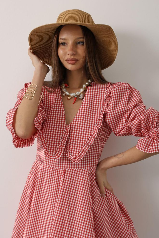 Reyon Црвена Мини Хаљина Fit And Flare Са 3/4 Пуф Рукавима Велепродаја одеће Пролеће