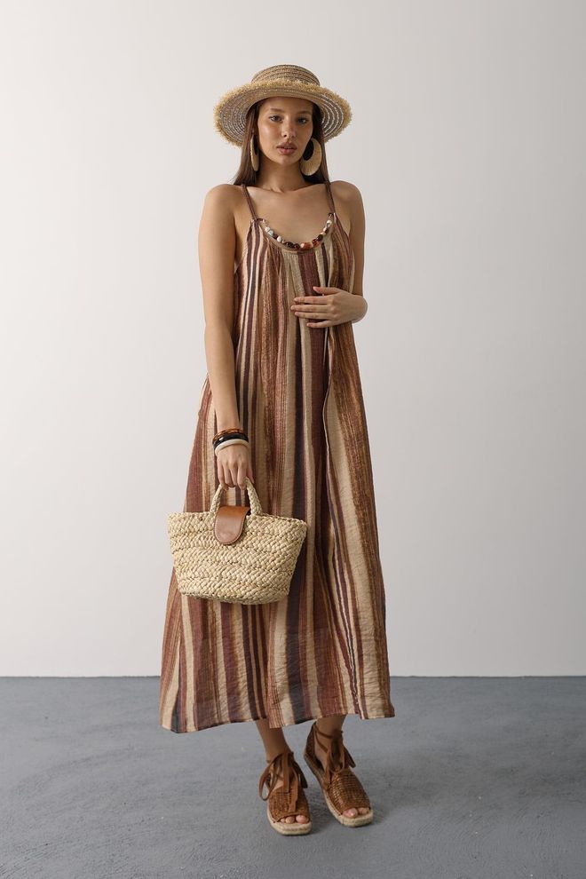Reyon Brown Boho Sleeveless Striped Slip Dress Χονδρικό εμπόριο ενδυμάτων undefined