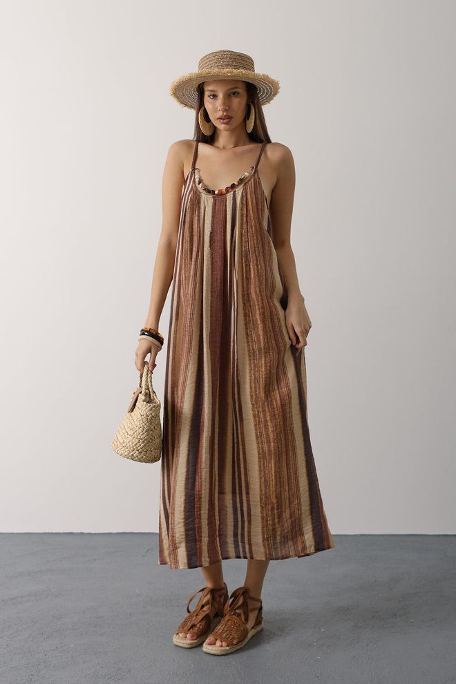 Reyon Καφέ Boho Αμάνικο Ριγέ Φόρεμα Slip Με Στρογγυλή Λαιμόκοψη Χονδρικό εμπόριο ενδυμάτων 1