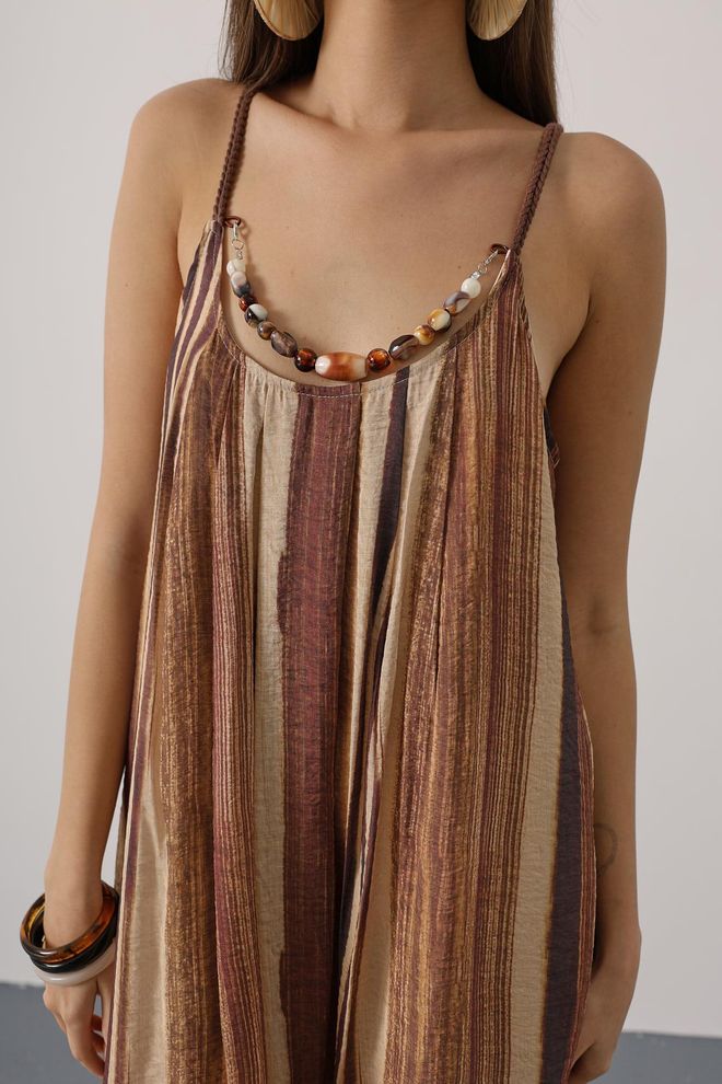 Reyon Καφέ Boho Αμάνικο Ριγέ Φόρεμα Slip Με Στρογγυλή Λαιμόκοψη Χονδρικό εμπόριο ενδυμάτων 5