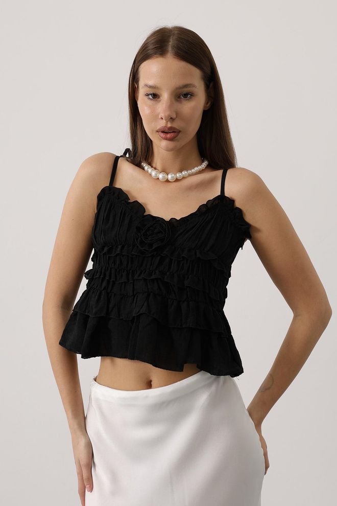 Reyon Camicetta Nera Sexy Slim Fit Crop Abbigliamento all'ingrosso Casuale