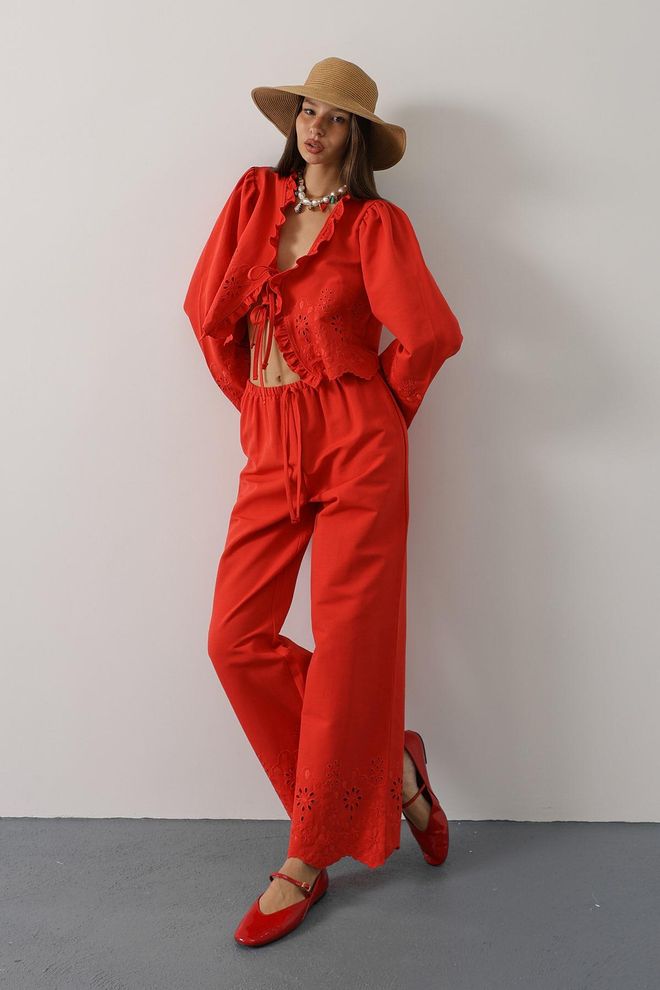Reyon Σετ Κόκκινο Boho Casual Κομψό Χονδρικό εμπόριο ενδυμάτων Casual