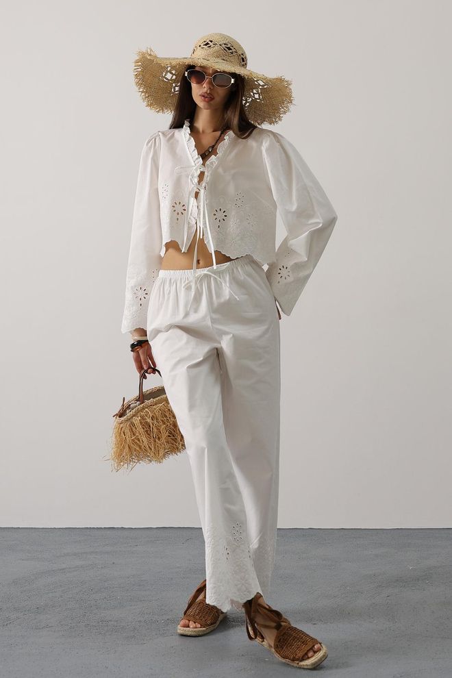 Reyon White Boho Palazzo Pants Set Wholesale Clothing Modest