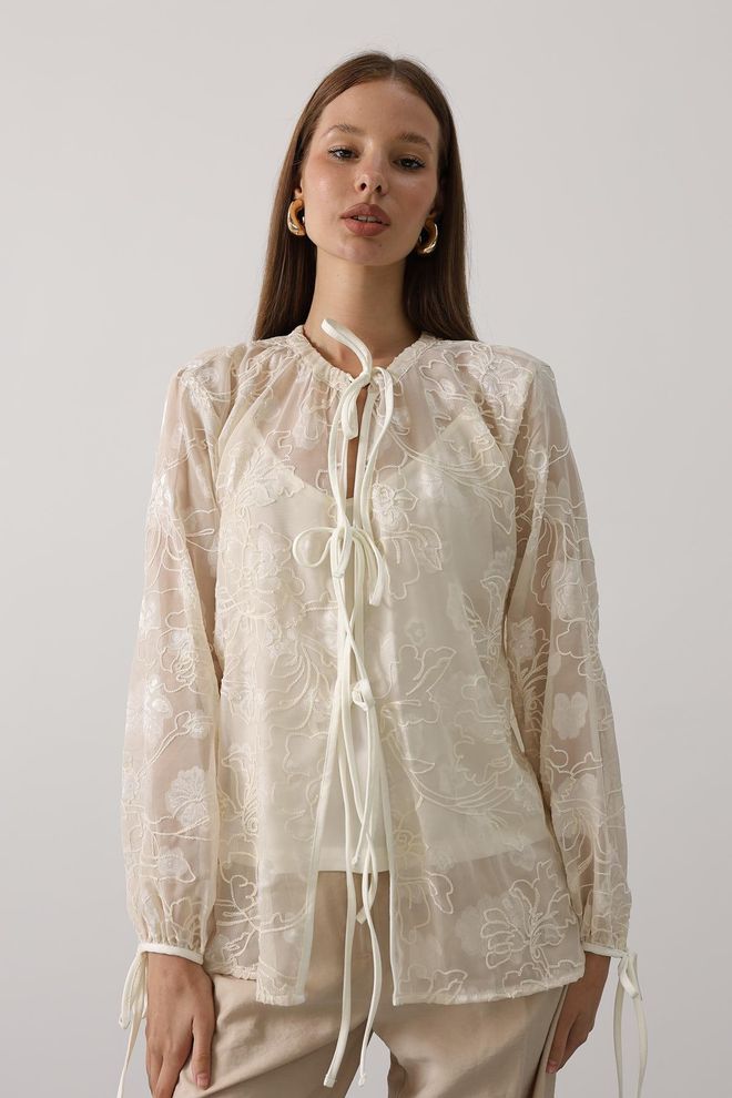Reyon Camisa Beige Elegante Con Cierre De Lazo Ropa al por mayor Casual