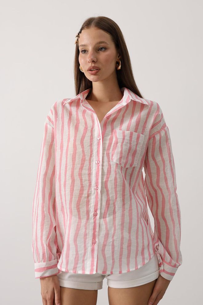 Reyon Camisa Rosa A Rayas Casual Con Botones Y Manga Larga Ropa al por mayor Casual