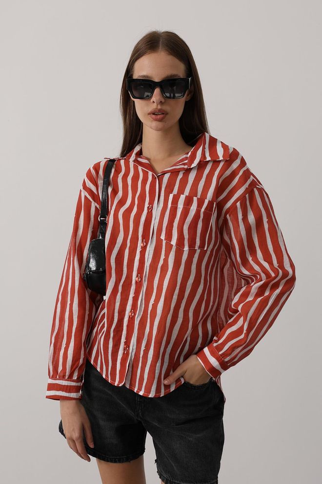 Reyon Chemise Rouge Décontractée Rayée À Boutons Vêtements en gros Décontracté