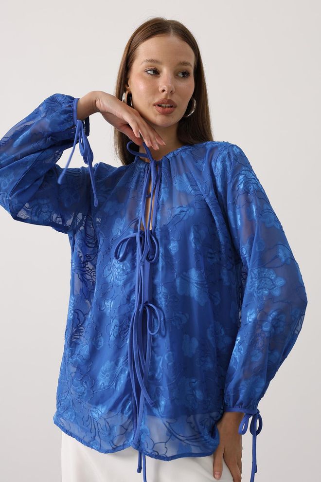 Reyon Camicetta Blu Elegante Floreale A Maniche Lunghe Abbigliamento all'ingrosso Casuale