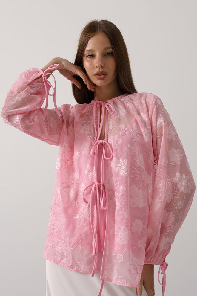 Reyon Camisa Rosa Floral Elegante Y Casual Con Cierre De Atar Ropa al por mayor Casual