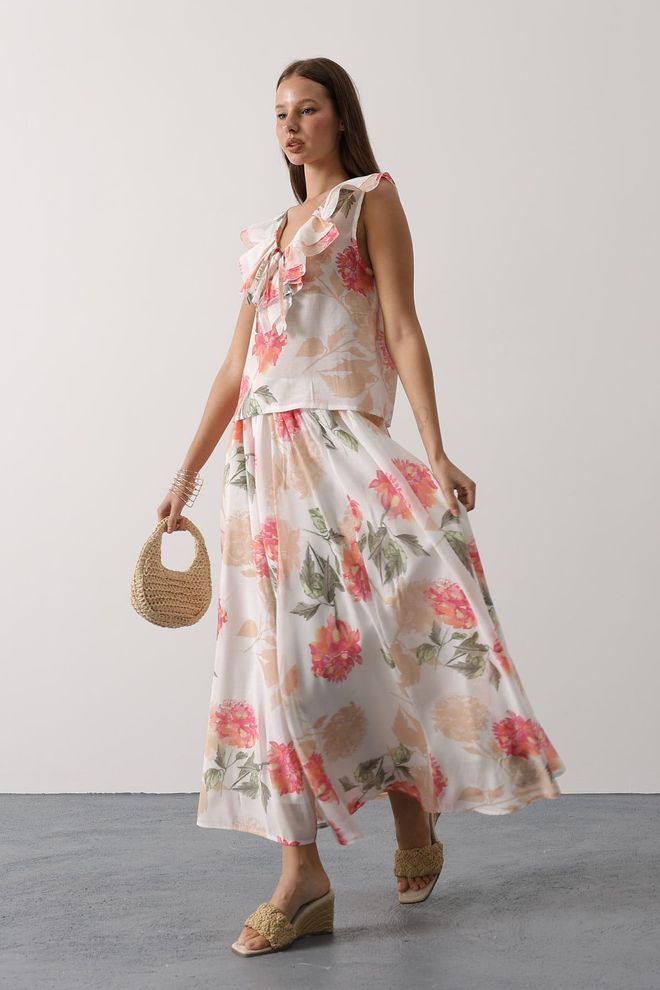 Reyon Gonna Bianca Floreale Svasata Maxi Vita Media Abbigliamento all'ingrosso Casuale
