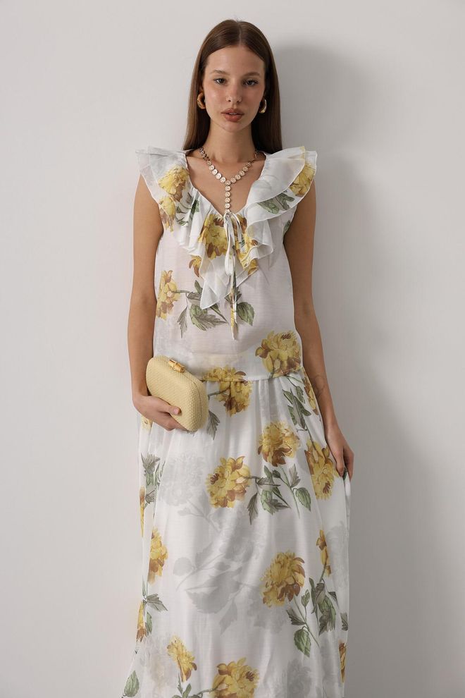 Reyon Camicetta Bianca Floreale Con Scollo A V Vestibilità Regolare Senza Maniche Abbigliamento all'ingrosso Casuale