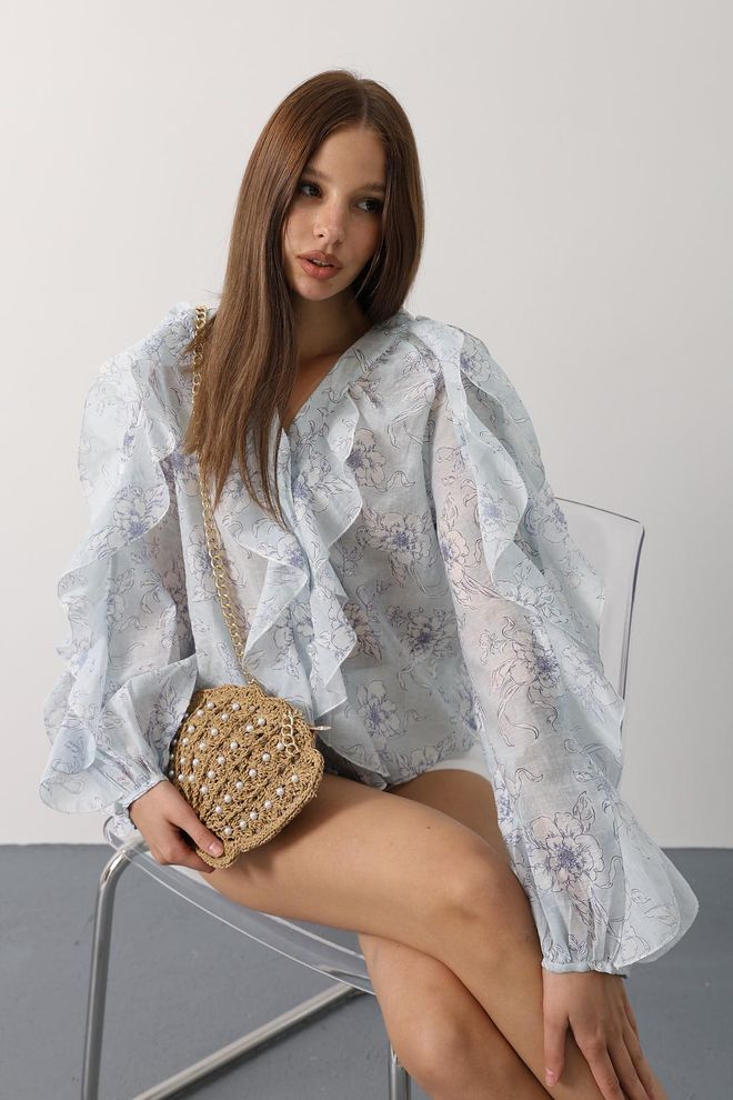 Reyon Chemise Blanche Bohème Boutonnée Avec Manches À Volants Floraux Vêtements en gros Décontracté