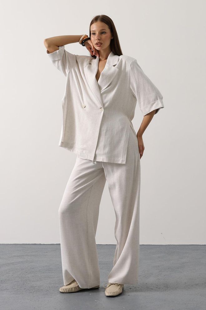 Reyon Eleganti Pantaloni Palazzo Beige A Gamba Larga Abbigliamento all'ingrosso Casuale