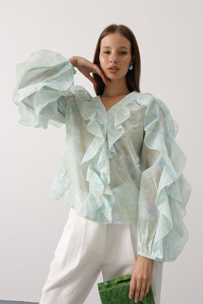 Reyon Camicetta Elegante Multicolore Con Maniche Con Volant Abbigliamento all'ingrosso Casuale