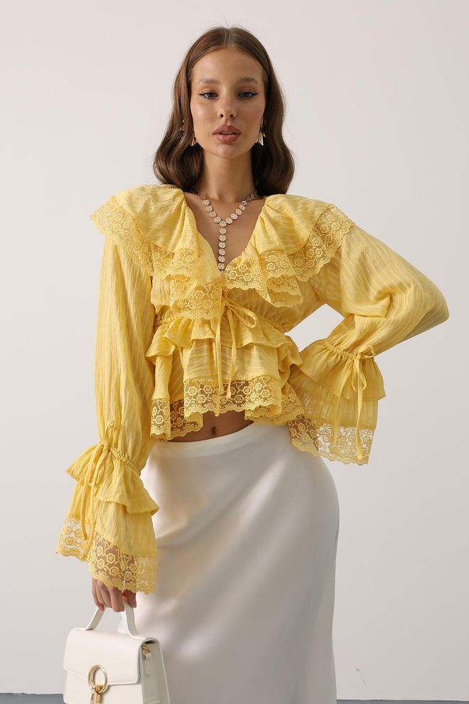 Reyon Bluza Galbenă Vintage Cu Mâneci Lungi Cu Volane Îmbrăcăminte cu ridicata Casual
