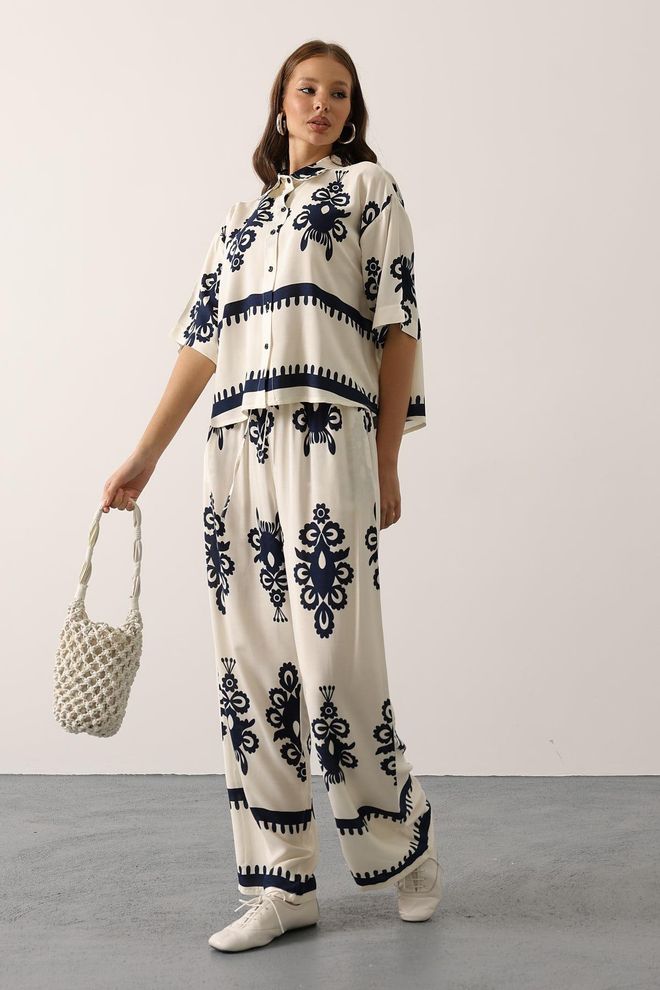 Reyon Conjunto Floral Bege Elegante Para Primavera Verão Roupas por atacado 1
