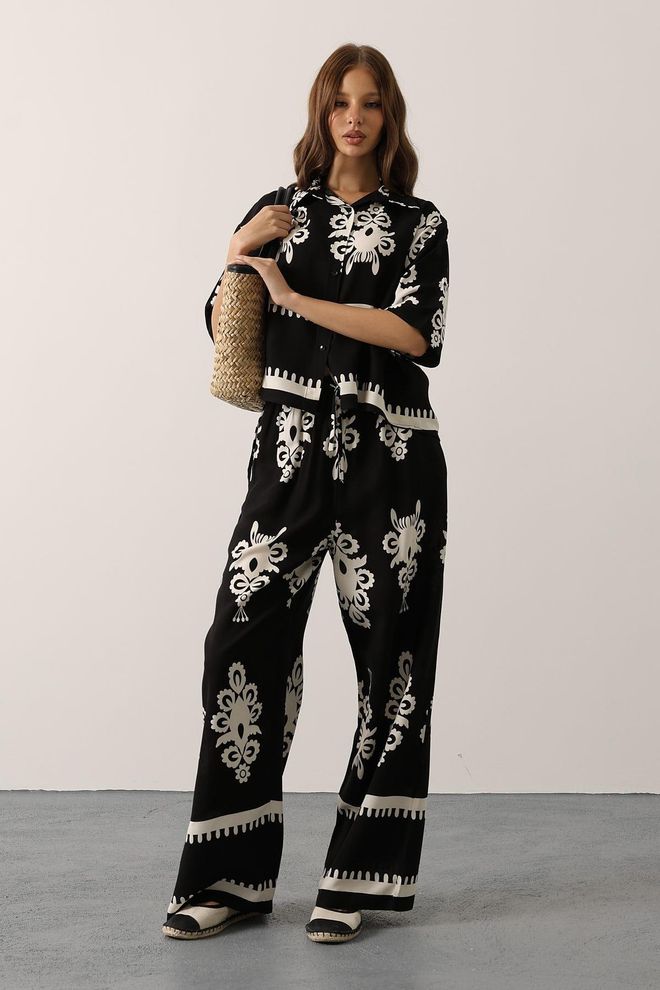 Reyon Schwarz Floral Lässig Boho Set Großhandelskleidung Modest