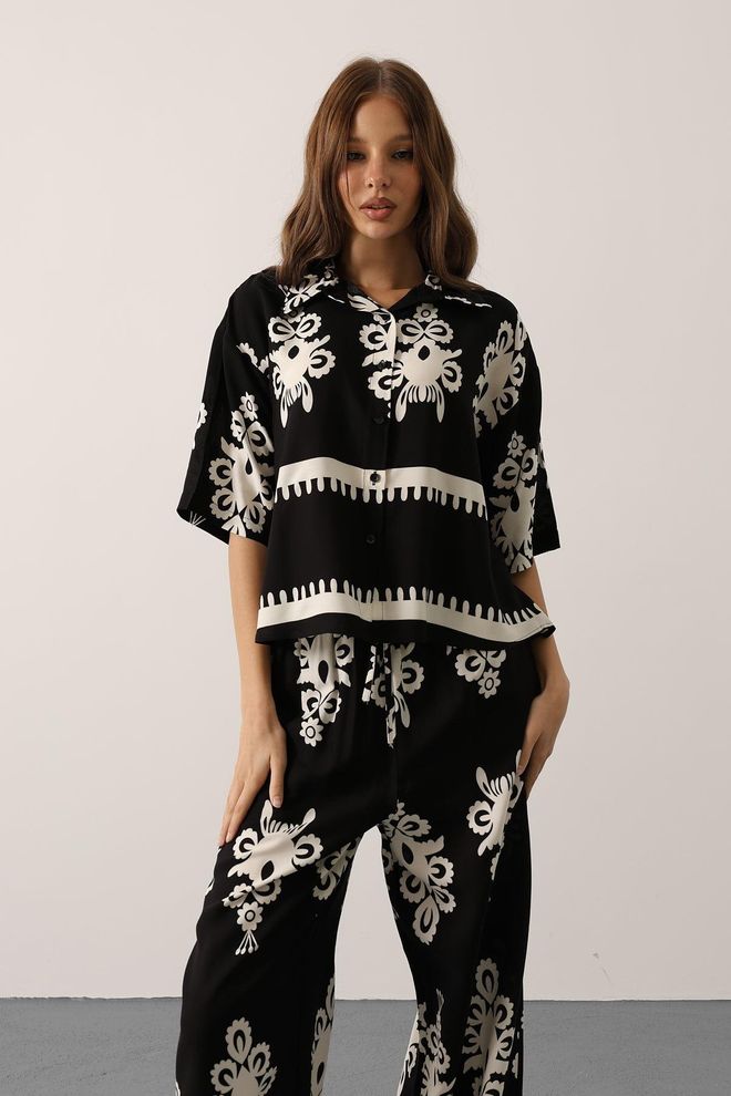 Reyon Conjunto Preto Floral Casual Boho Roupas por atacado 1