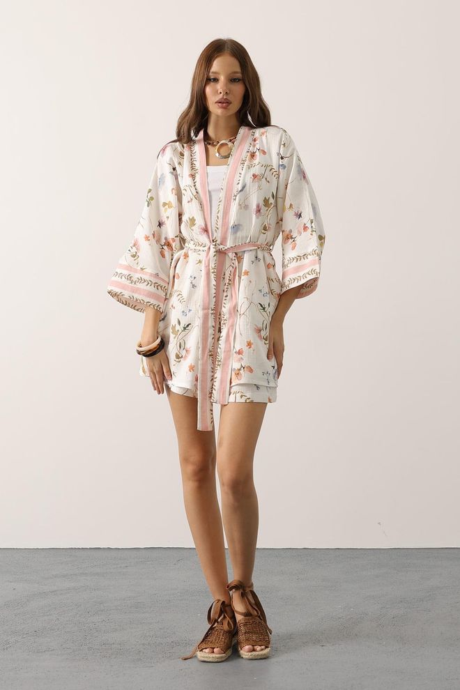 Reyon Kimono Blanc À Motif Floral Et Col Châle Vêtements en gros Décontracté