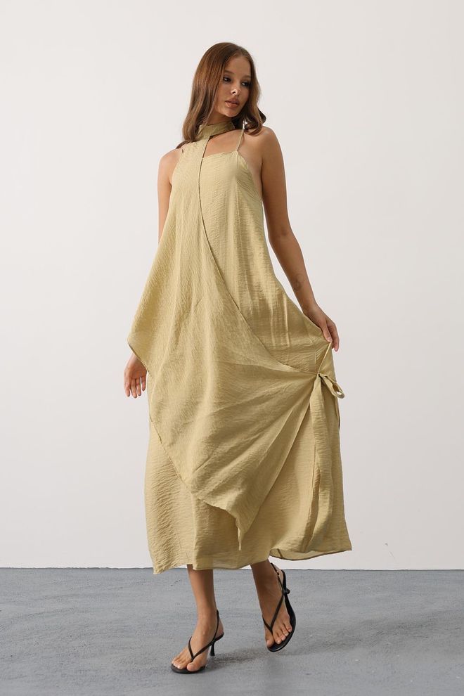 Reyon Rochie Kaki Elegantă Midi Fără Mâneci Cu Crăpătură Îmbrăcăminte cu ridicata Casual