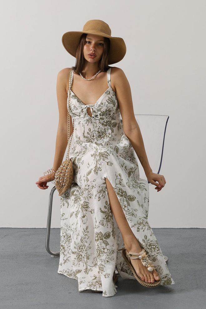 Reyon Rochie Slip Alb Elegant Cu Decolteu În V Floral Maxi Îmbrăcăminte cu ridicata Casual